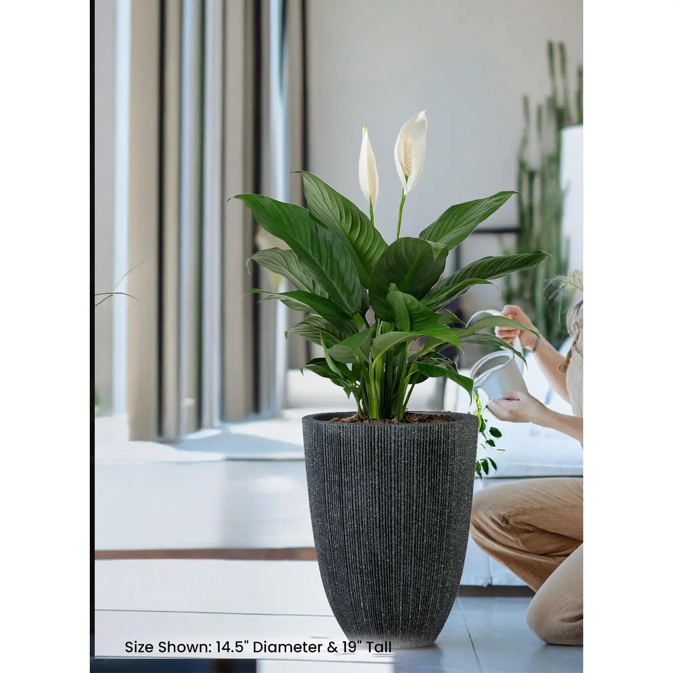 Tall Ribbed Black Planter, 14.5" Diameter & 19" Tall