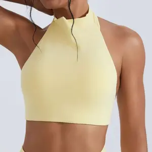 【MISMI】Women's Solid Color Sleeveless High-neck Backless Sports Bra High Stretch Comfortable Breathable Quick Dry Yoga Sports Top Ladies Sportswear for Indoor Outdoor Wear-Built-in Bra