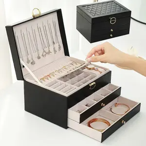 3-Layer Dark Flannel Jewelry Storage Box, Lockable Antique Design, Ideal for Earrings Necklaces Watches, Perfect for Gifts