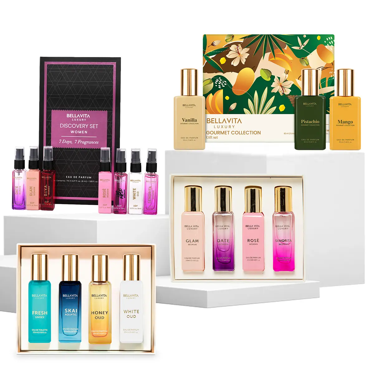 BellaVita Luxury Ultimate Perfume Discovery Bundle | Women & Unisex Eau De Parfum Minis | 4 Premium Gift Sets with 18 Long-Lasting Fragrances | Floral, Gourmand, Fresh & Oud Scents | Portable Perfume Kits