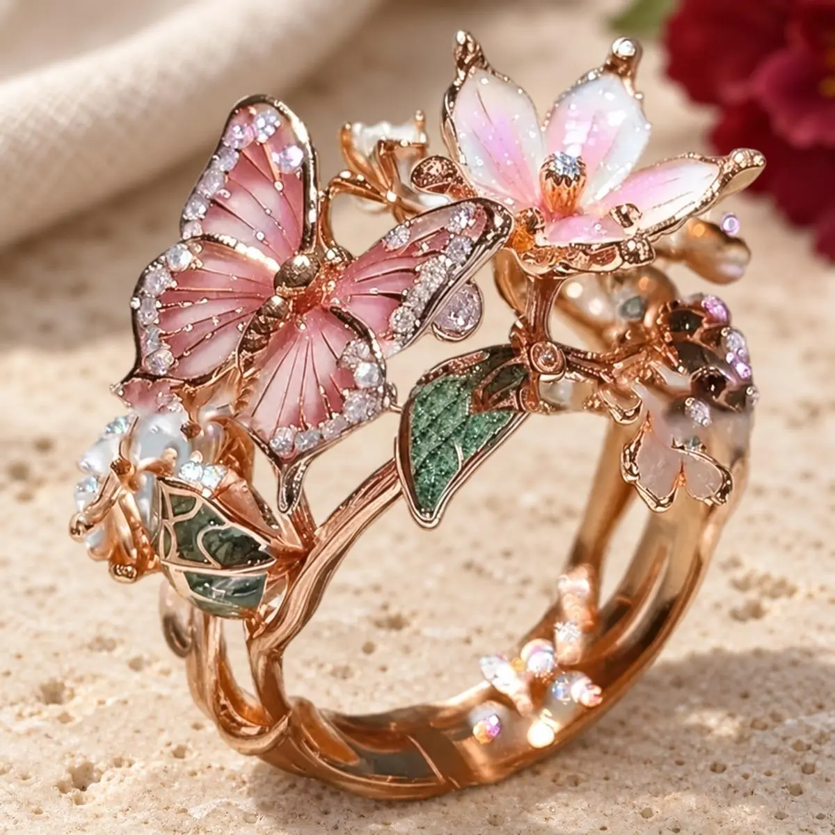 Women’s adjustable open ring featuring butterfly and flower motifs with colorful enamel petals and sparkling stone accents, statement jewelry in gold, silver, or rose gold