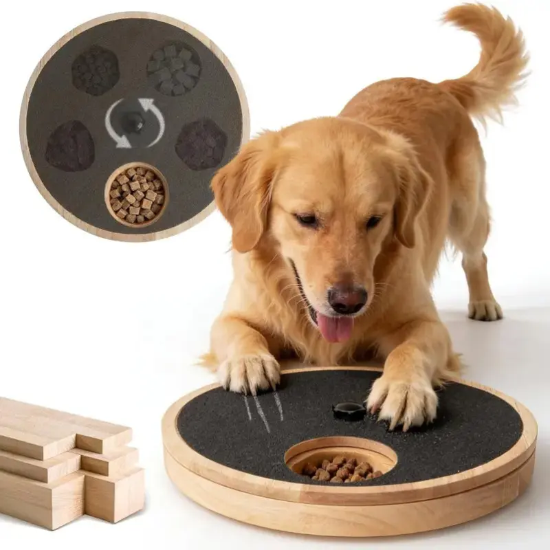 Wooden Dog Scratching Board Scratcher, Round Rotatable Food Dispenser with Nail File Pad, Pet Claw Grinder, Ideal for Dogs, Durable & Fun