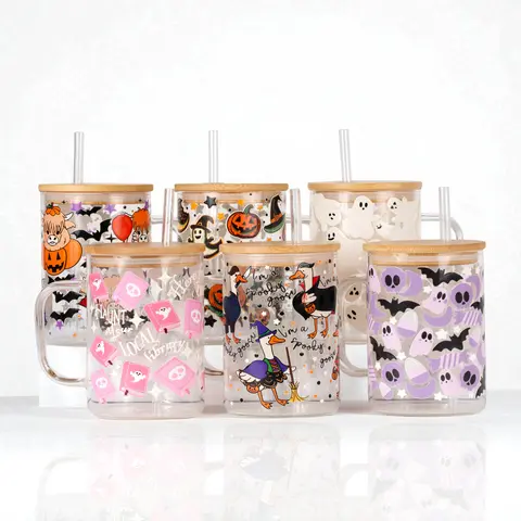 Halloween Print 17oz Glass Mug with Handle, Bamboo Lid & Straw, Spooky Gift