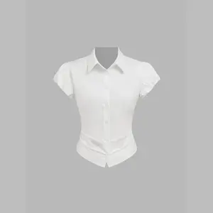 Cider 100% Cotton Collar Ruched Puff Sleeve Shirt