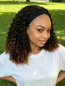 No Glue Needed 14 Inch Curly Bob Headband Wig Deep Wave Ombre Brown Machine Made Synthetic Shoulder Length Hair for Black Women #headbandwig #curlybob #deepwave #ombrebrown #gluelesswigs #shortwig #wigsforblackwomen #machine made #wigtok #naturalhair