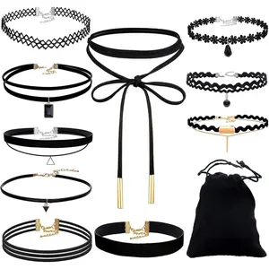 10 count Black  Choker Necklaces with A Stroage Bag for Women