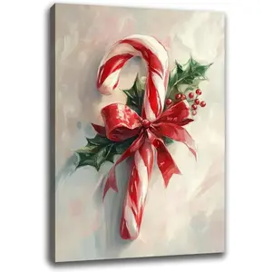 Christmas Candy Cane Wall Art, Vintage Rustic Christmas Oil Painting Print, Festive Canvas Poster for Home, School, Office, or Room Decor
