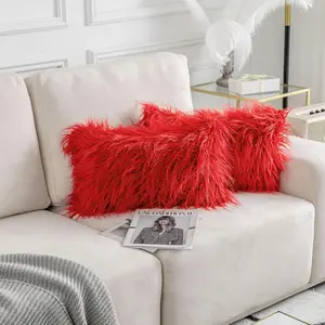 Pillow Covers 12x20 Rectangle Super Soft Fluffy Faux  Oblong  Throw Pillow Cover for Bed, Set of 2, 12x20 inch, Red