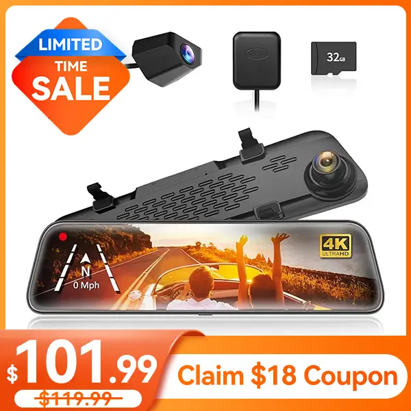 WOLFBOX G840S 12" 4K Mirror Dash Cam with 5.8GHz WiFi Smart Rearview Mirror for Cars & Trucks, Dual Cameras, Night Vision, Parking Assistance, 32GB Ca
