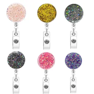 Glitter Round Badge Holder, 1 Count Retractable Badge Reel, Identification Badges & Supplies for Office School Teacher Nurse Worker