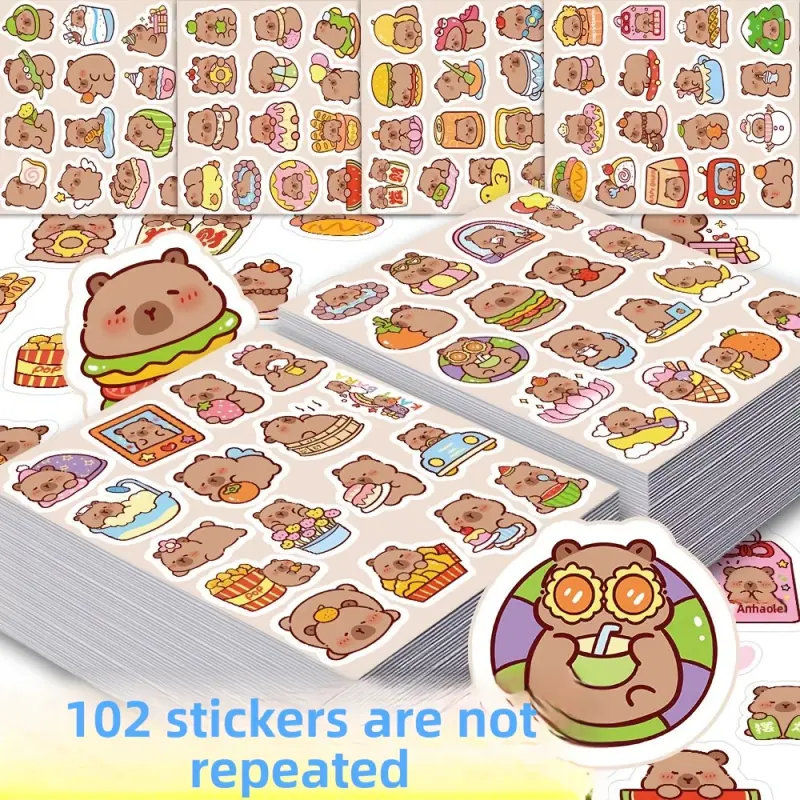 102pcs Capybara Stickers | Cute Animal Stickers, Creative Animal Print Decals for Roller Skating and Cycling, Self-Adhesive, Mixed Colors, Suitable for Plastic, Metal, Ceramic Surfaces