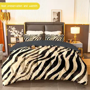 3pcs (1 comforter + 2 pillowcases) Zebra - Print Flannel and Milk Velvet Comforter Set, Soft & Cozy Warm Bedding Essentials for Adults, Trendy Milk Velvet Bedding Set