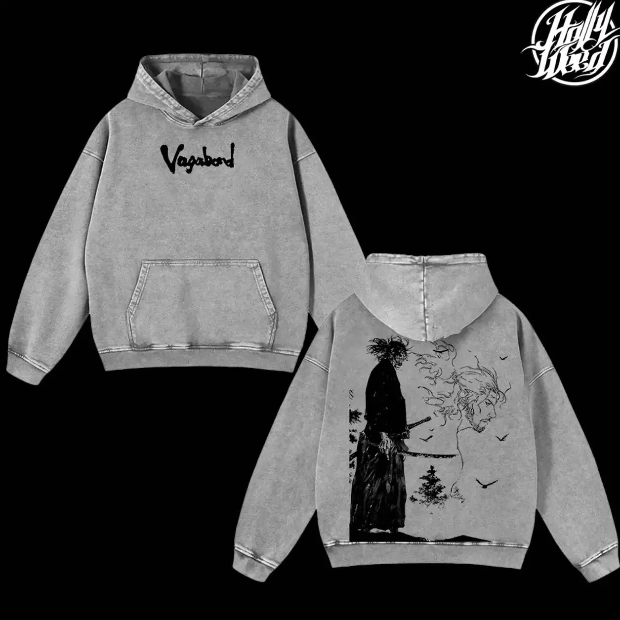 Miyamoto x Vagabond Manga Hoodie, Musashi Miyamoto, Japanese Streetwear Unisex Oversize Anime Manga Washed Heavyweight Cotton Hoodie 4TL