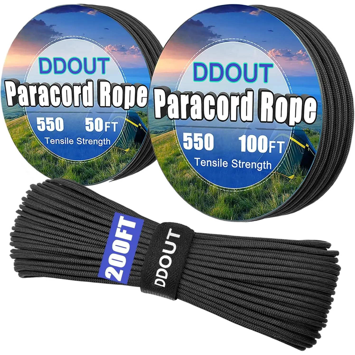 Type III Paracord Rope - 7-Strand Nylon Core, 4mm Diameter, Compact Size, Weatherproof, Flat Spool, 10 Colors, 50/100/200ft Lengths, Strong Knot-Holding Ability, Secure Grip - Survival Outdoor Utility Rope for Camping, DIY (Black, 50ft), Spools