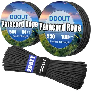 Paracord Nylon Rope with 7-Strand Core, 10 Colors and 50/100/200 ft, Type III Parachute Cord 4mm for Camping, Survival, Hiking, DIY, Crafting, Outdoor Utility Rope Black 50ft