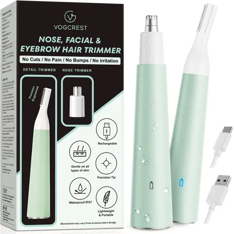 VG VOGCREST Women's 2-in-1 Cordless Nose Hair Clipper & Ear Hair Trimmer for Adults, Portable Compact Travel-Friendly, Waterproof Rechargeable with Cord & Batteries, Easy-Clean, Sensitive Skin-Safe, ABS-Friendly Appliance with 2 Stainless Steel Combs