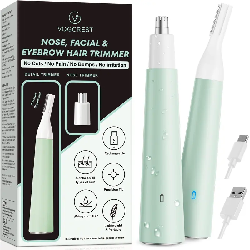 VG VOGCREST Women's 2-in-1 Cordless Nose Hair Clipper & Ear Hair Trimmer for Adults, Portable Compact Travel-Friendly, Waterproof Rechargeable with Cord & Batteries, Easy-Clean, Sensitive Skin-Safe, ABS-Friendly Appliance with 2 Stainless Steel Combs