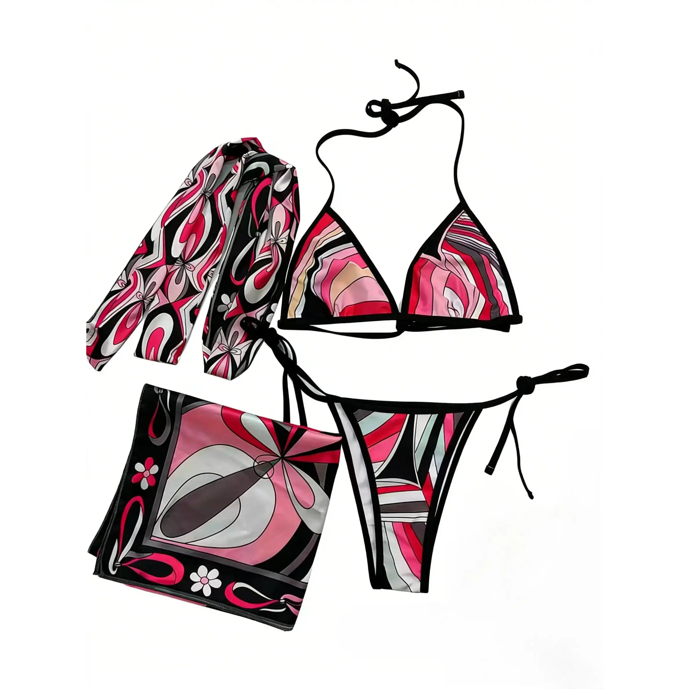 [Summervibes] XS-XL Luxury Women's Floral Silk Three Piece Bikini Set - Bohemian Beach Swimwear with Scarf & Headband, SoftSmoothAdjustable Swimsuits for Women SummerBeach,swimming pool, hot spring swimsuit