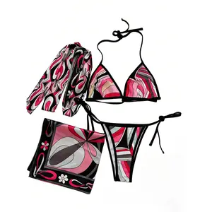 [Summervibes] XS-XL Luxury Women's Floral Silk Three Piece Bikini Set - Bohemian Beach Swimwear with Scarf & Headband, SoftSmoothAdjustable Swimsuits for Women SummerBeach,swimming pool, hot spring swimsuit