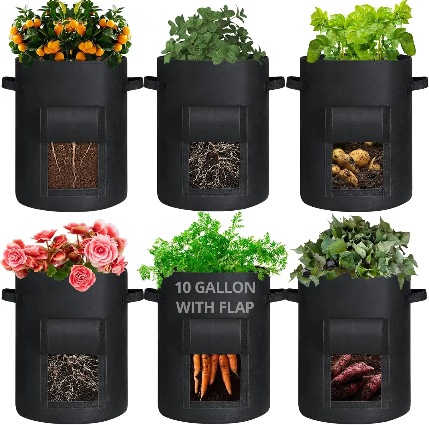 GOTGELIF 6 Pack 10 Gallon Potato Grow Bags with Flap, Thickened Nonwoven Fabric Grow Bags for Growing Potatoes, Carrots, Onion, etc Vegetables, Plants