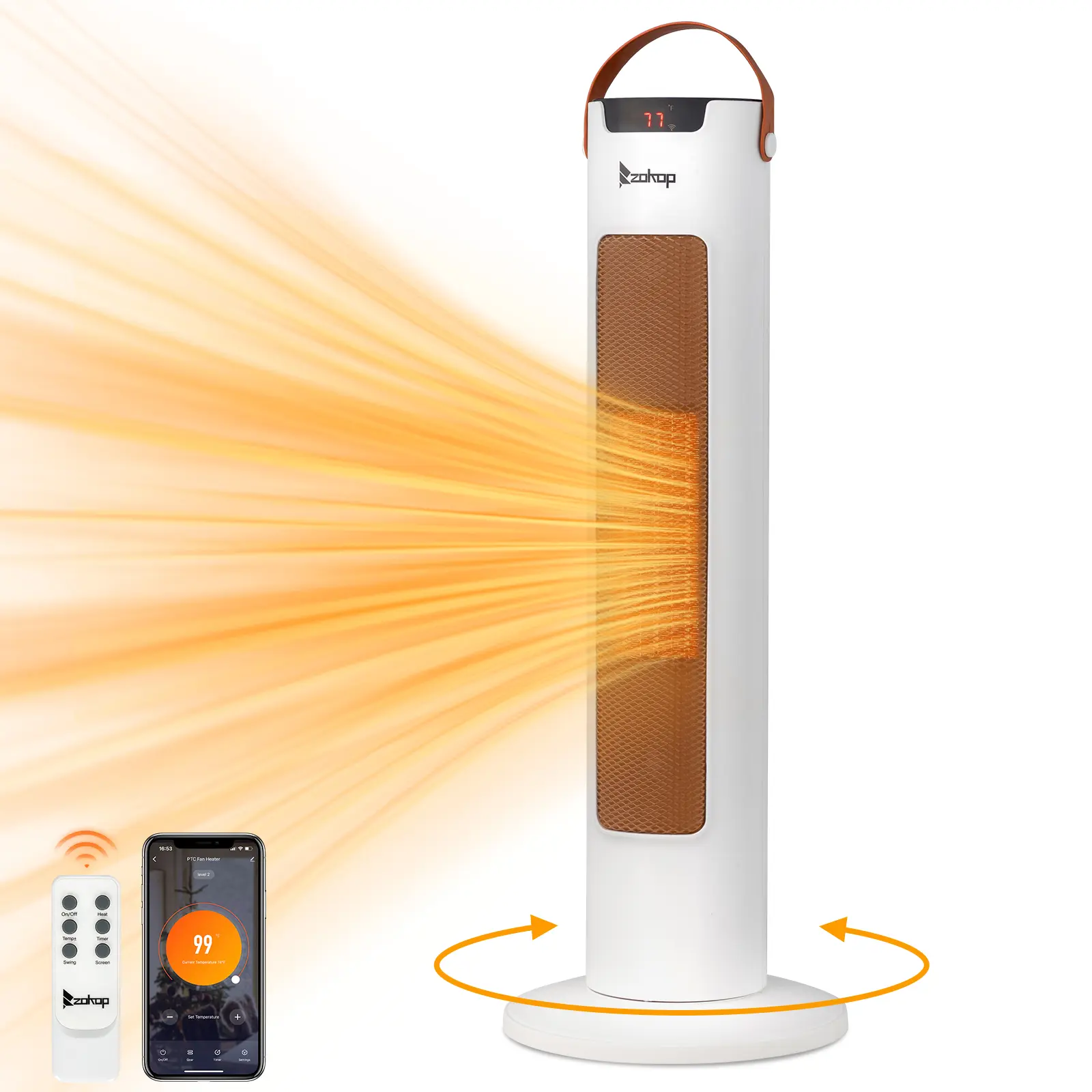 ZOKOP 24-in Smart Tower Space Heater, 1500W Electric Heater with Adjustable Heating, Thermostat, WiFi APP, Remote Control, 60° Oscillation, 9H Timer for Indoor Bedroom Office, White