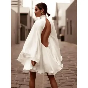 Women's White Turtleneck Long Ruffled Sleeves Backless Dress 2025 Summer Spring New Elegant Party Mini Dress Woman