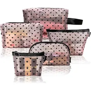 Pack of 5 Heart Pattern Polyester Cosmetic Bags Set, Breathable Mesh Travel Makeup Pouches, Large Capacity, Unisex-Adult, with Positioning Printing, for Toiletry Organizer Set
