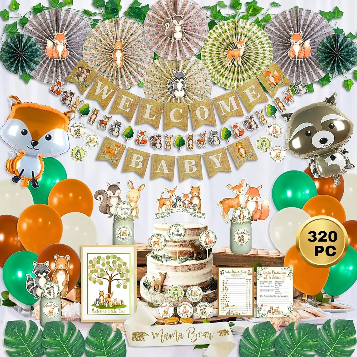 268 Piece Woodland Baby Shower Decorations for Boy Or Girl Kit | Gender Neutral Forest Animal Decor | Banners Garland Fans Guestbook Sash Balloons Cake Topper Games Stickers Creature Cutouts Ivy Vines