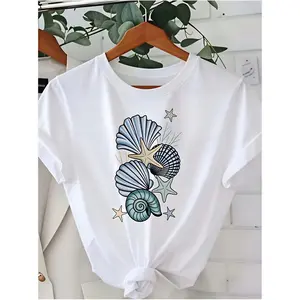 Casual Summer Style, Women's T-Shirt, Seashell And Starfish Print, Beach Vacation Wear, Gift For Her