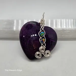 Purple Agate Heart Necklace - Handmade Wire Wrapped Pendant with Iridescent Beads