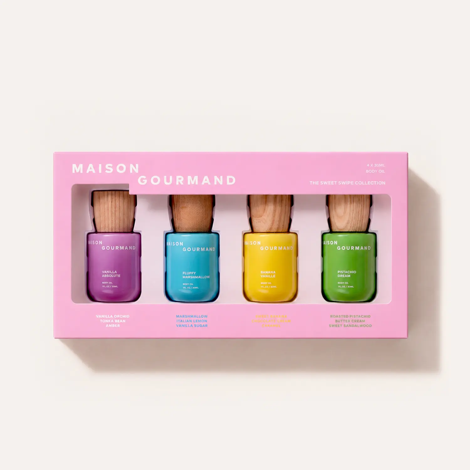 Maison Gourmand Body Oil 4pcs Gift Set – Vanilla Absolute x Fluffy Marshmallow x Banana Vanilla x Pistachio Dream - Women Everyday Fragrance 1 fl.oz/30ml×4, Vanilla, Marshmallow, Jasmine & Sandalwood, Sweet Boutique Scent, Fragrance Wardrobe Set