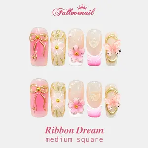 Fullovenail Medium Square Shape Golden Bownot with 3D Flower Handmade Press on Nail Iridescent Glitter