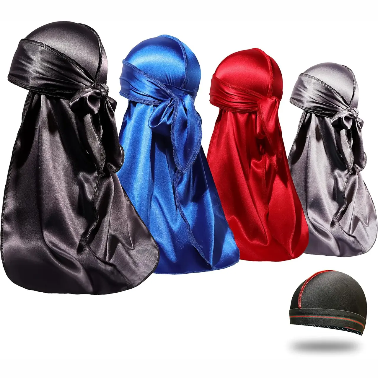 Silky Durag for Men Women 4PCS 360 Waves with 1 Wave Cap Silky Satin Extra Long Tails Machine Washable Fashion Accessories