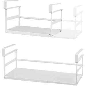 Under Shelf Storage Basket, 2 Pack Heavy-Duty Hanging Baskets Under Cabinet Shelf Organizer, Expandable Add-on Space Saver Kitchen, Pantry, Laundry Room, Slide-in White Shallow Depth