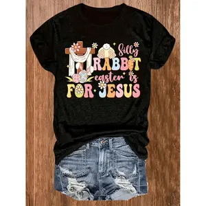 Plus Size Easter Bunny Print TShirt Casual Roundneck Pullover