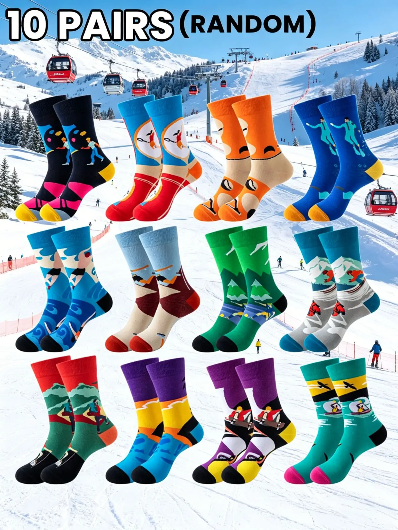 10 Pairs Random Sports Mid-Calf Socks, Fun Outdoor Ski Illustrations, Bright Colors, Soft Breathable Fabric, Comfortable and Trendy, All Season Socks