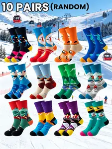 10 Pairs Random Sports Mid-Calf Socks, Fun Outdoor Ski Illustrations, Bright Colors, Soft Breathable Fabric, Comfortable and Trendy