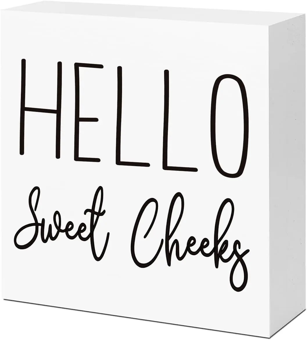 Cute Bathroom Shelf Decor, Hello Sweet Cheeks Sign Wooden Box for Shelves Toilet Restroom Tabletop Decoration, Funny White Bathroom Sign Decor, 5'' L x 5" H