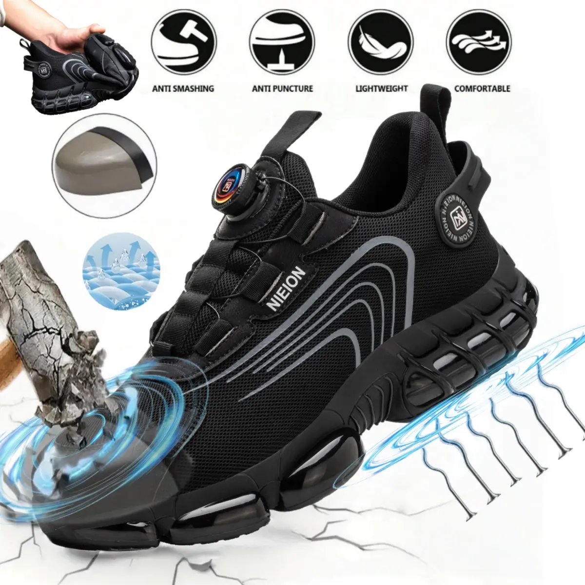 Men's Work Shoes,Women's Safety Shoes,Work Shoes With Rotary Buckle,With Steel Cap,All-Season, Steel Toe & Puncture Protection, Breathable Fabric Upper, Anti-smash, industrial protection