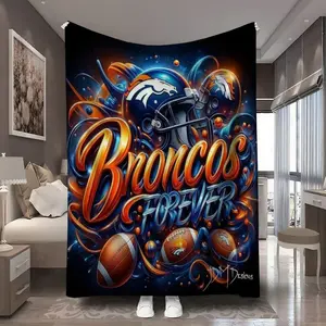 1Pc Design broncos art design Graphic Digitally Printed Flannel Blanket - 100 Polyester Flannel Digitally Printed Nonwoven Lightweight and comfortable in all seasons