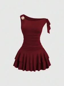 Women's Metal Flower Decorated Dress, Ruched Shoulder Design, Frill Hem, Fashionable Casual Wear, Elegant Party, Womenswear