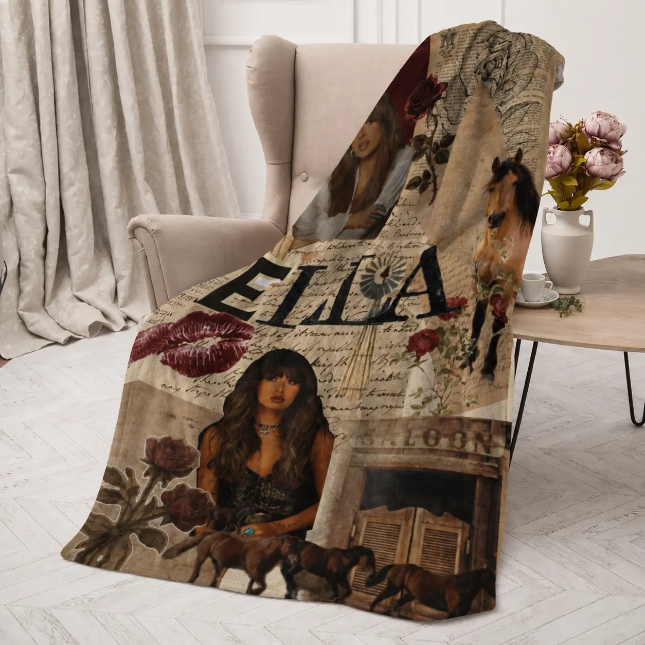 Ella Langley Western Cowgirl Flannel Throw Blanket, Vintage Horse Collage Soft Cozy Fleece Blanket, Country Music Fan Gift for Bedroom Couch Rustic Farmhouse Decor
