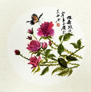 Original Chinese Ink Painting – Roses and Butterfly Wall Art