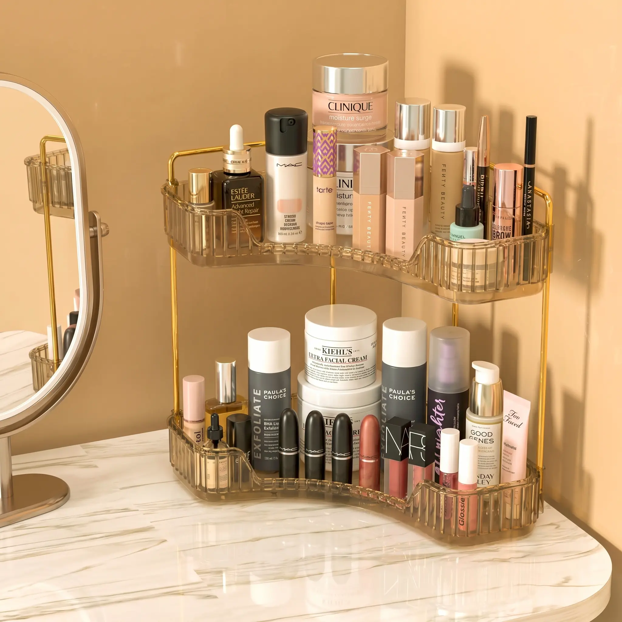 3-Tier Compact Corner Makeup Storage Rack with Transparent Tabletop, Home Organizer for Perfumes & Skincare Products, Ideal for Bedroom Vanity Desk (for Mom/Wife) bathroom countertop beauty holder needoh lipstick brush clear lid countertop organizer