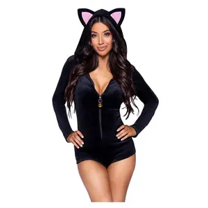 Leg Avenue Comfy Cat Ultra-Soft Velvet Plush Zip Up Romper with Bell Zipper Pull, Ear Hood, and Kitty Tail