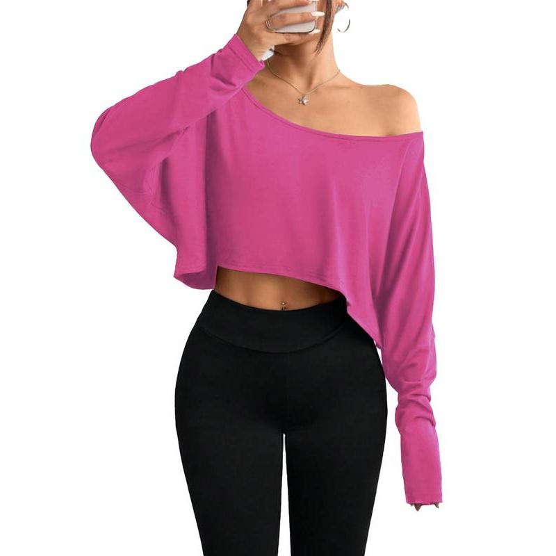 Women's Solid Off Shoulder Loose Tee, Casual Long Sleeve Crop Top for Daily Holiday Outdoor Wear, Everyday Ladies Clothes for All Seasons Women's Solid Off Shoulder Loose Tee, Casual Long Sleeve Crop Top for Daily Holiday Outdoor Wear, Everyday Ladies Clothes for All Seasons