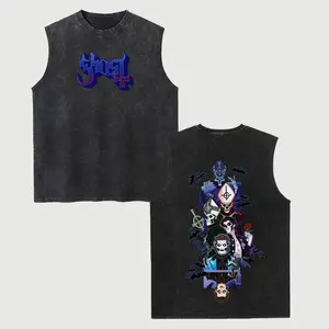 Ghost Band Unisex Vintage Washed Cotton Vest, Retro Band Print Sleeveless Shirt, Casual Regular Fit, Perfect Boyfriend Gift
