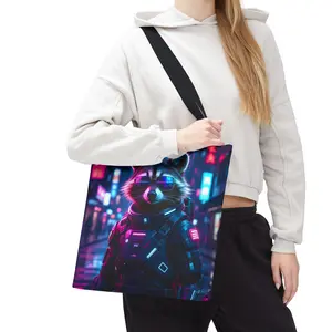 Neon Cyberpunk Raccoon Tote Bag | Futuristic City Animal Art