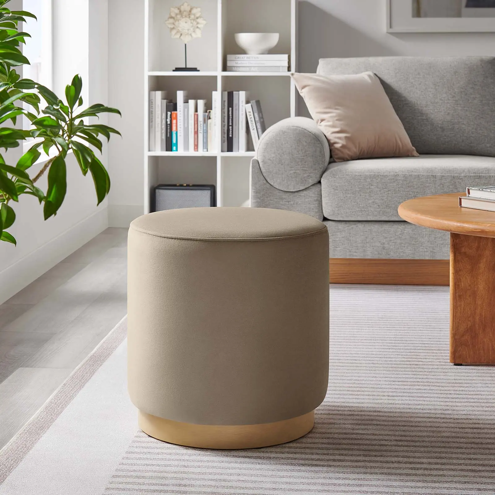 Modway Tilden 16" Round Performance Velvet Upholstered Ottoman Footstool, Taupe Natural, Modern Furniture with Rubberwood Base