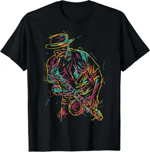 Women's 100% Cotton Short-Sleeve Round Neck Lightweight Top T-Shirt - Breathable Casual Streetwear with Saxophone Player Abstract Art